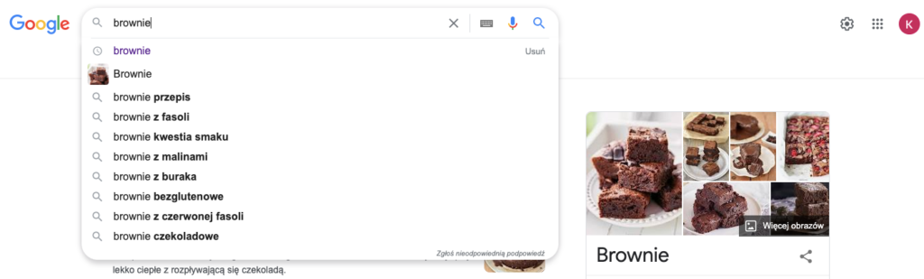 Słowo "brownie" i podpowiedzi w wynikach wyszukiwarki Google.