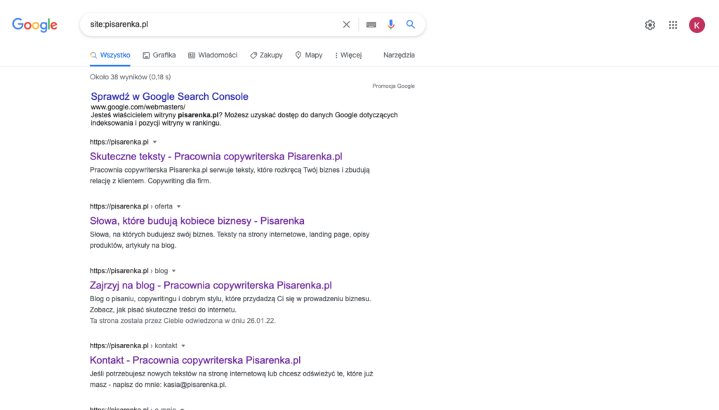 Screen z wyszukiwarki Google - jak pozycjonować stronę
