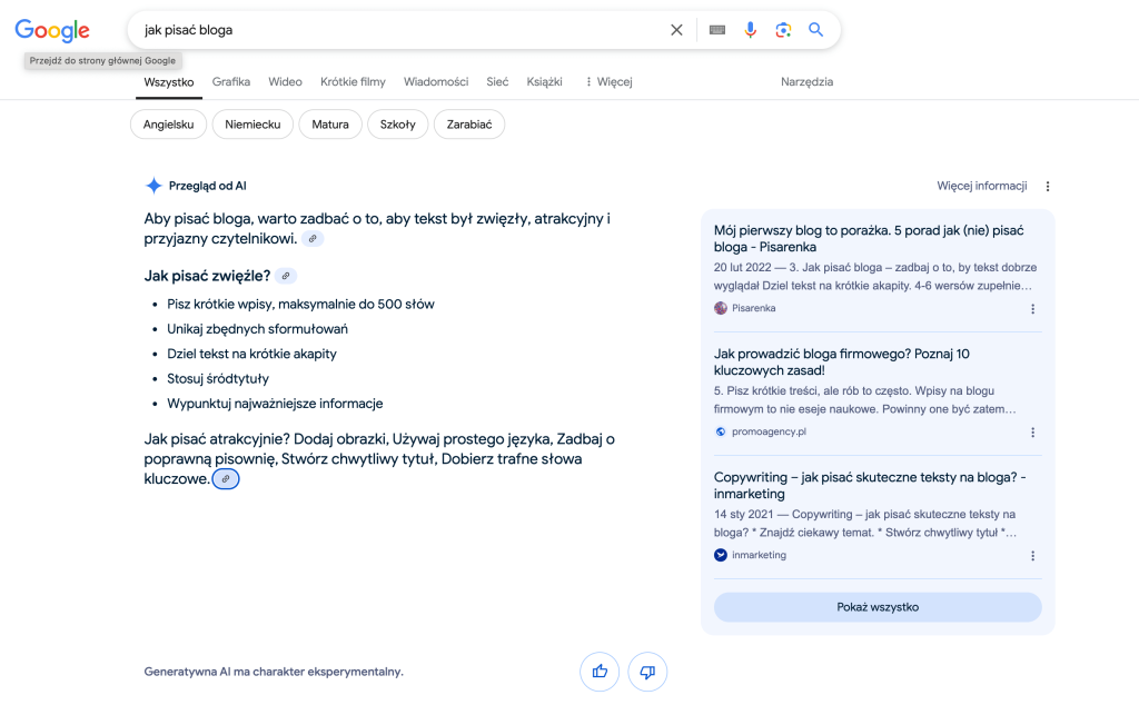 Widok przeglądarki Google - AIO